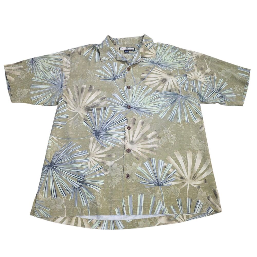 Tommy Bahama Shirt Mens Medium Green Silk Floral Palm Leaf Aloha Camp Button Up